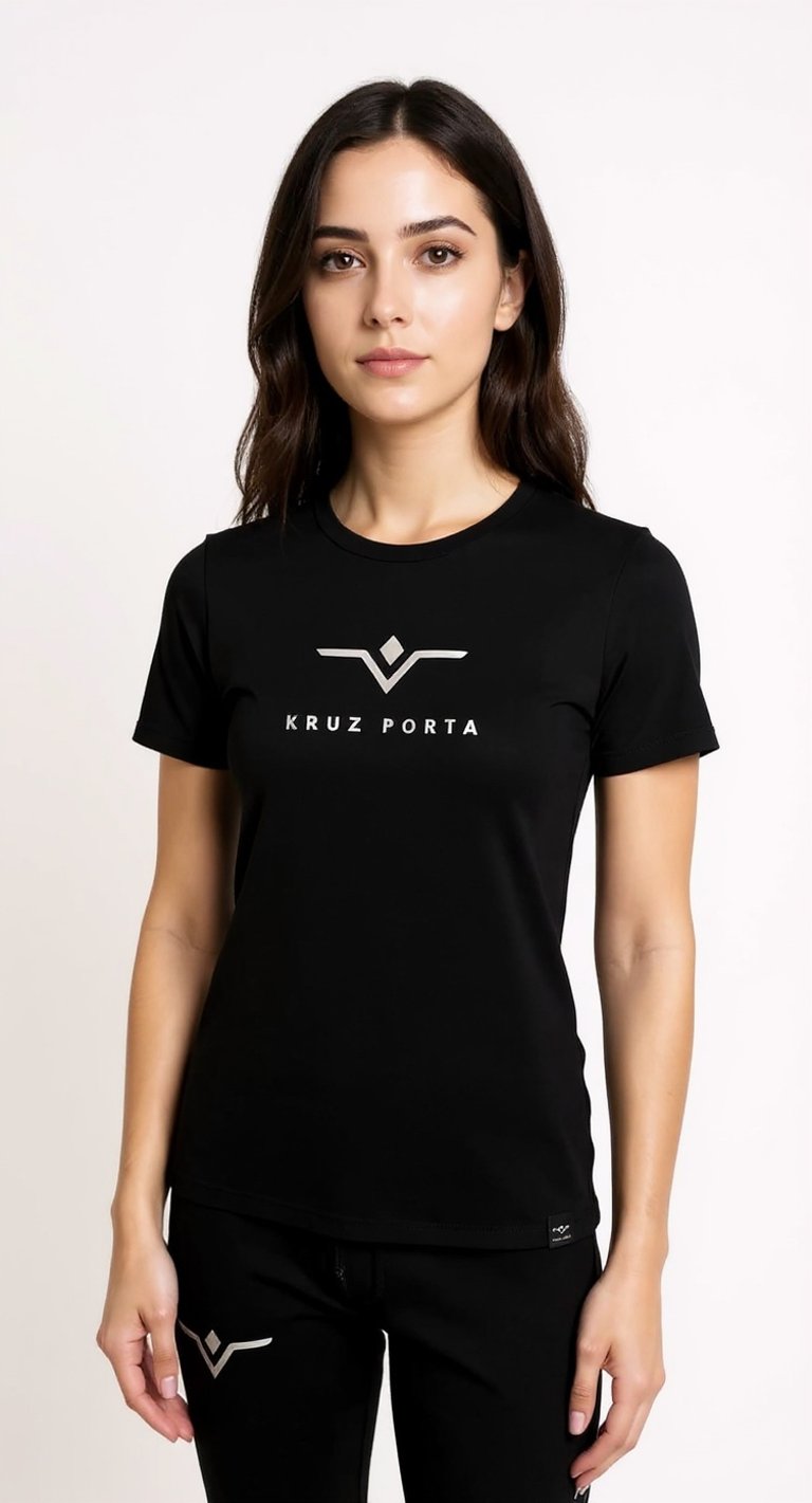 Black t shirt with silver KRUZ PORTA logo on front